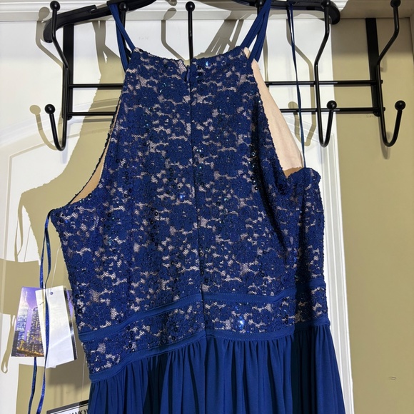 Nightway Women's Blue Lace Solid Sleeveless Halter Full-Length Dress NWT - Picture 6 of 10